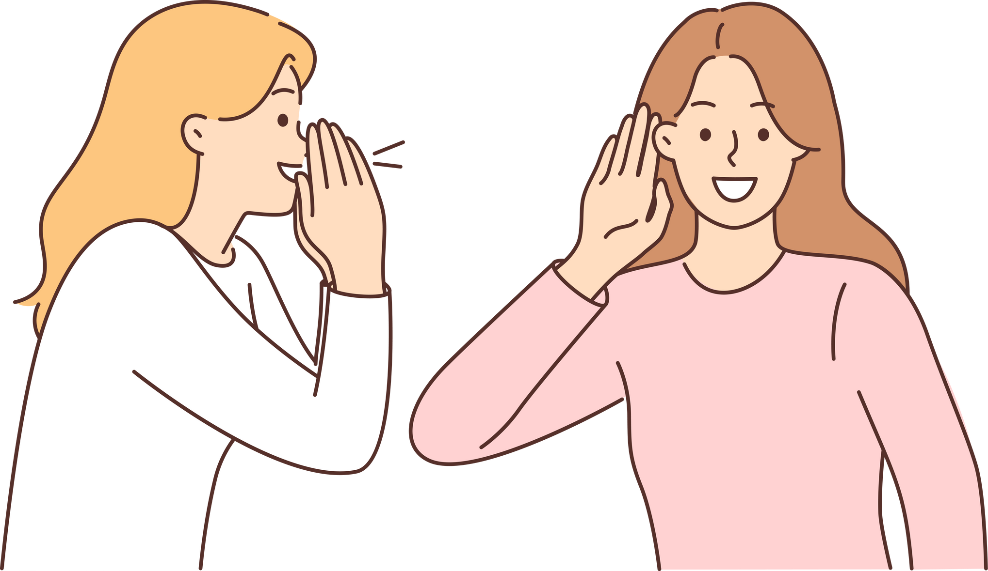 Woman screams to tell interesting news to female friend, puts hand to ear during conversation